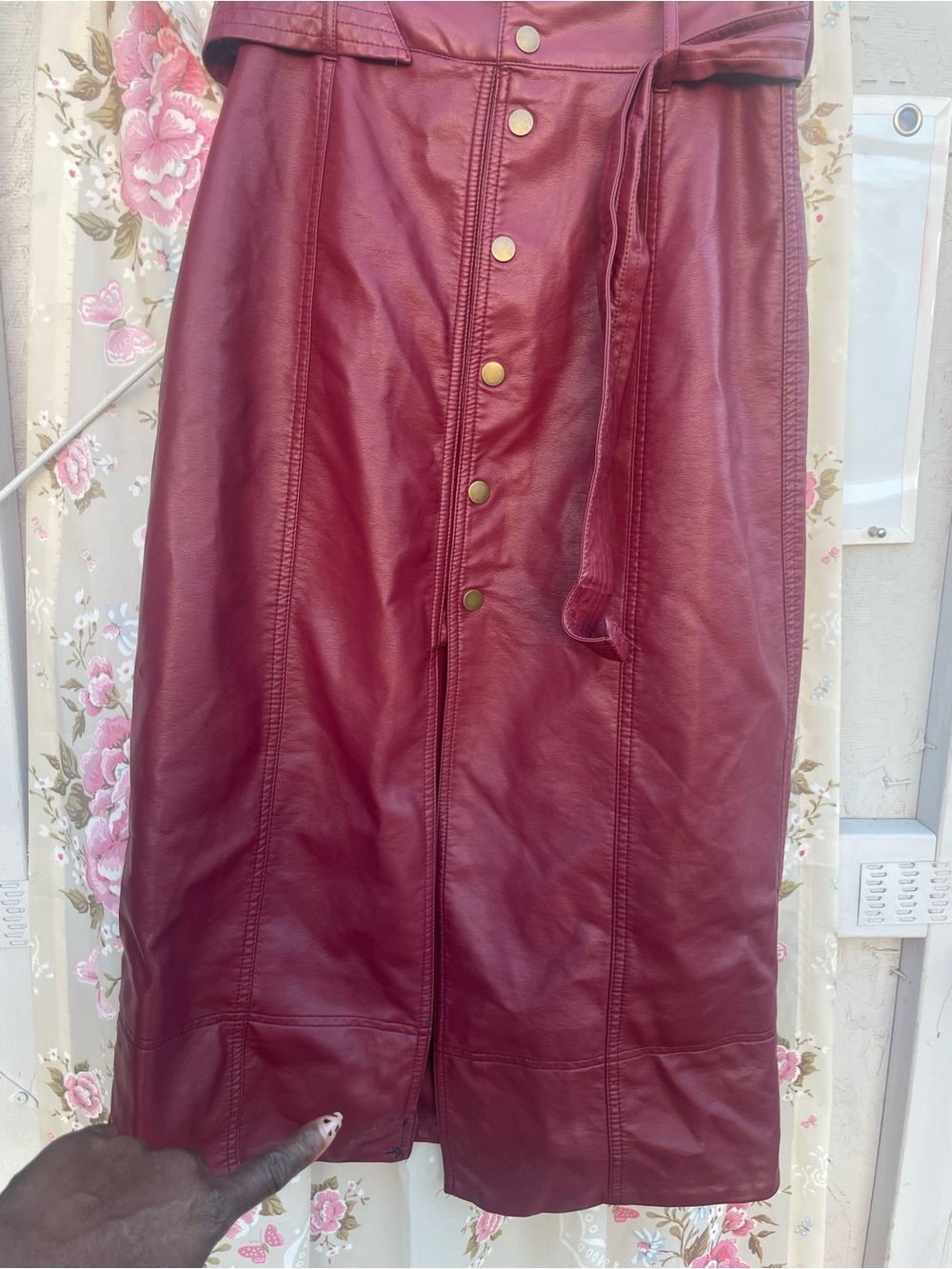 Burgundy Faux Leather Button-Front Skirt